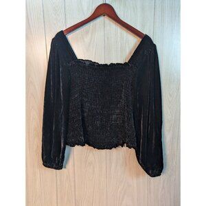 Torrid Velvet Smocked Blouson Sleeve Crop Top Black Plus Sz 4 4X #H31472